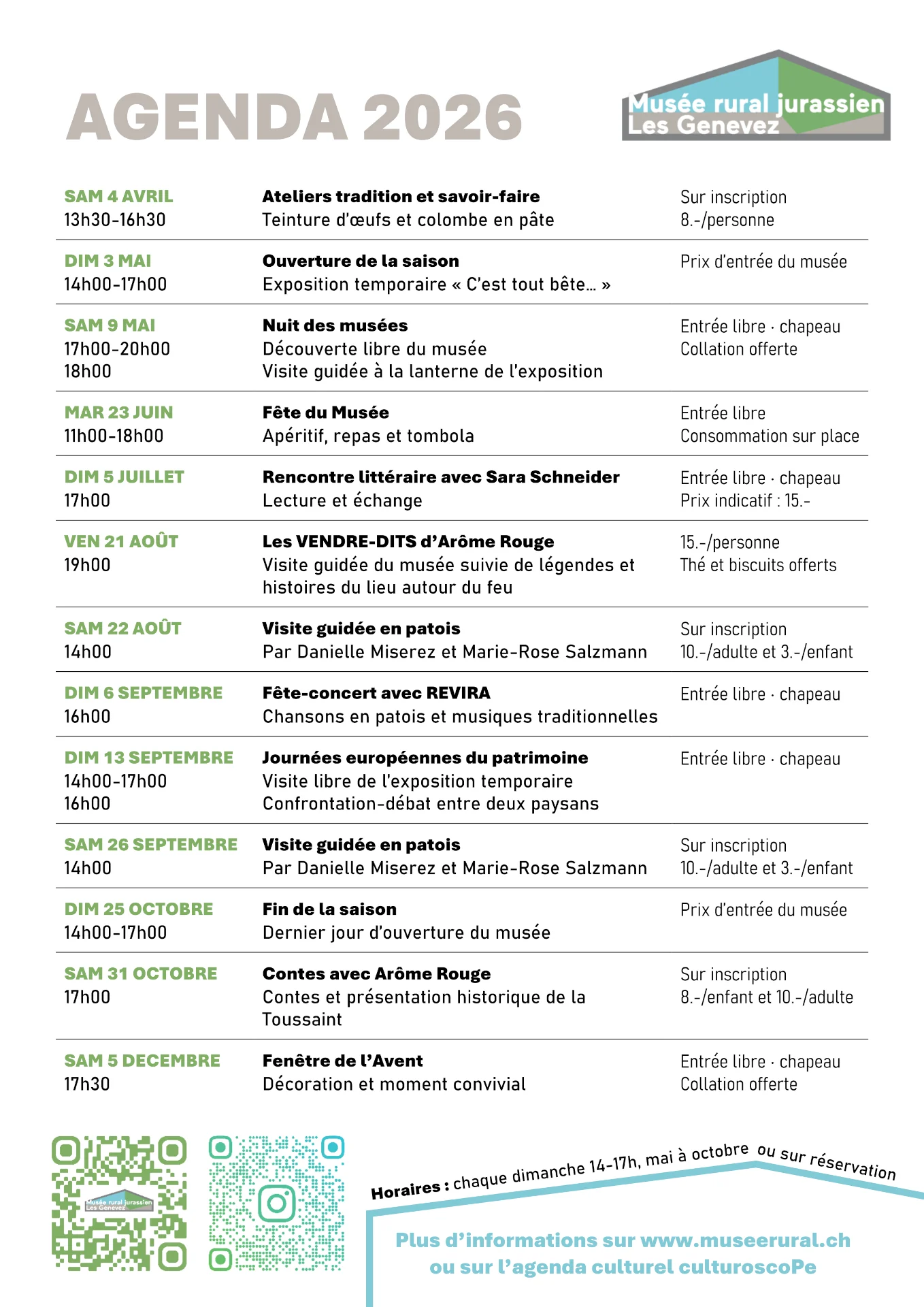 Agenda du Musée rural jurassien 2026